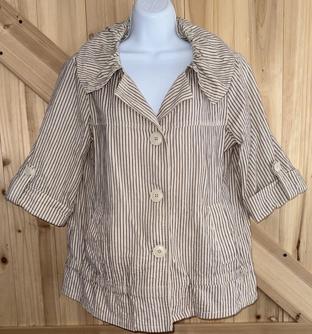 Darjoni VTG Short Sleeve Seersucker Tan Stripe Lagenlook Minimalist Blazer Sz M